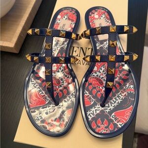 Valentino Navy and Gold Studded Sandals